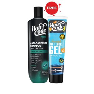 Hair Code Anti-Dandruff Shampoo with Whey Protein Triple Action for Daily Protection For Men - 340 ml br + Wet Look Hair Gel Tube - 100ml
